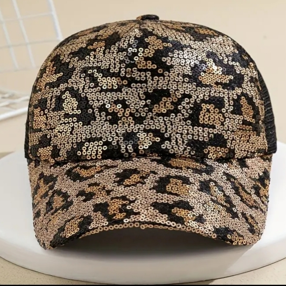 Leopard Design Sequined Adjustable Baseball / Trucker Hat - Picture 2 of 4